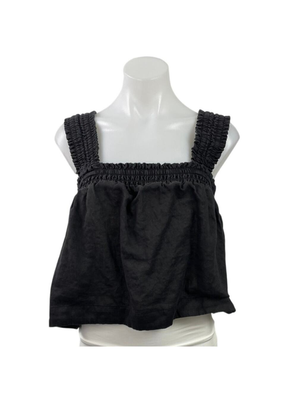 Everlane Women's Black Smocked Square Neck Boxy Sleeveless Tank Crop Top Size M